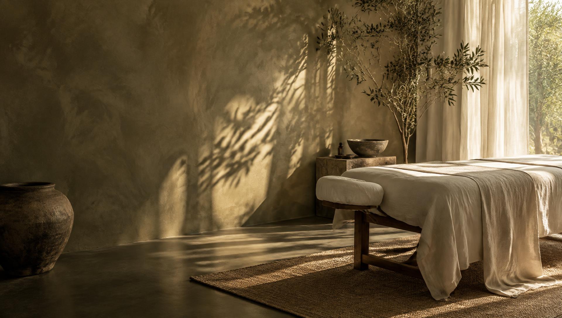 A sunlit therapeutic treatment room with linen, ceramics, and olive branches